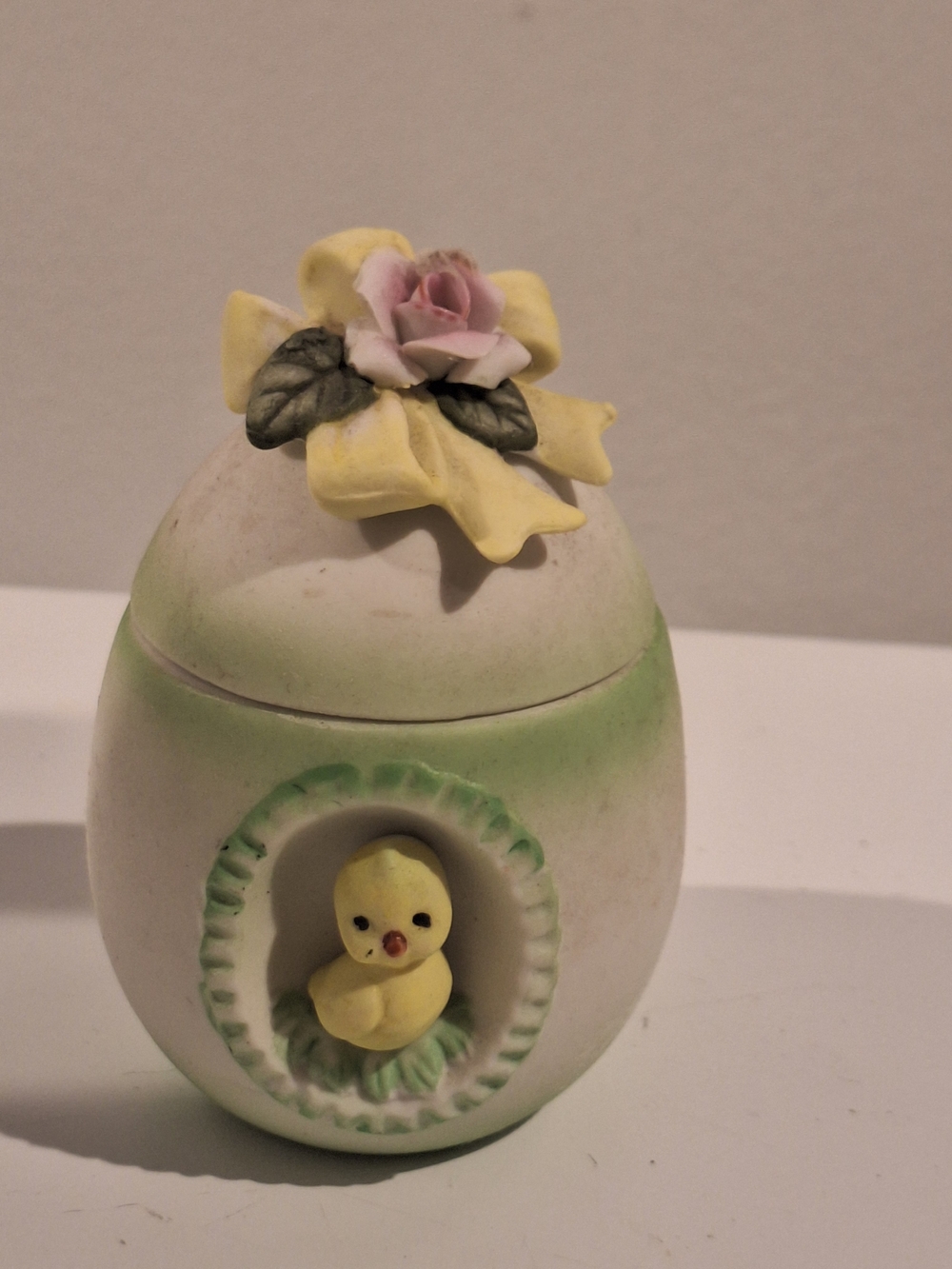 Lefton Porcelain Easter Egg Trinket Box with Chick and Floral Top